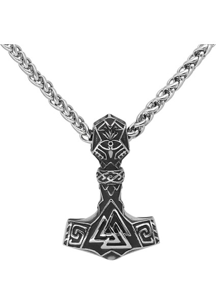 Thor Çekici Mjollnir Odin Iskandinav Mitolojisi Valknut Işlemeli ve Örgü Zincir Erkek Çelik Kolye