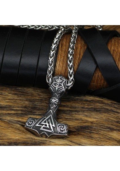 Thor Çekici Mjollnir Odin Iskandinav Mitolojisi Valknut Işlemeli ve Örgü Zincir Erkek Çelik Kolye