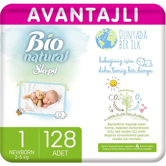 Sleepy Bio Natural Avantajlı Bebek Bezi 1 Numara Yenidoğan 128 Adet