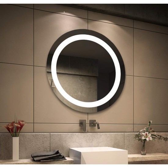 Mirror Land 60 cm Çapında Beyaz LED Işıklı Kumlamalı LED Ayna