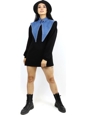 Kore'n Jung Denim Kot Detaylı Kadın Siyah Elbise - Tunik - Sweatshirt Kore Tarzı