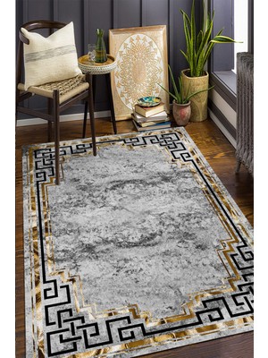 The Modern Hane Gold Çerceveli Siyah ve Gri Desenli Halı