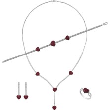 Osmanlı Gümüş Arya Kadın Yakut Taşlı Gümüş Su Yolu Set - Kolye, Bileklik, Küpe, Yüzük