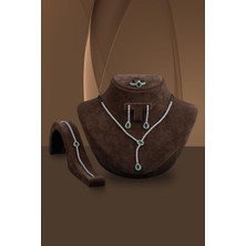 Osmanlı Gümüş Çağıl Kadın Zümrüt Taşlı Gümüş Su Yolu Set - Kolye, Bileklik, Küpe, Yüzük