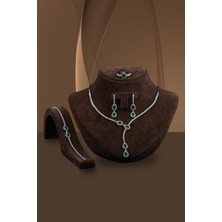 Osmanlı Gümüş Melodi Kadın Zümrüt Taşlı Gümüş Su Yolu Set - Kolye, Bileklik, Küpe, Yüzük