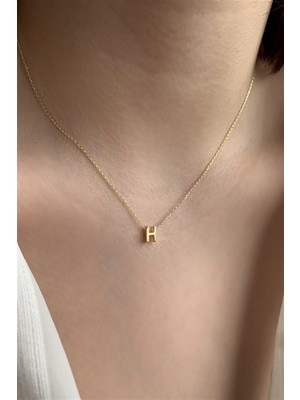 Asurlu 925 Ayar Üç Boyutlu Gold H Harfli Gümüş Kolye Uzunluk 42 cm
