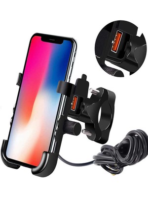 Powertec Motosiklet Telefon Tutucu USB Şarjlı Alüminyum Alaşım Gidon ve Ayna Bağlantılı