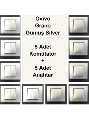 Çağatay Elektrik Ovivo Grano Gümüş Silver 5 Adet Komütatör + 5 Adet Anahtar