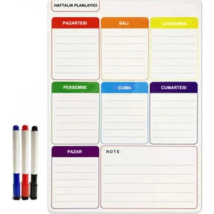 Dünya Magnet Haftalık Magnet Planlayıcı , 35X50 cm Katlanabilir Silinebilir Mıknatıslı Yazı Tahtası + 3 Kalem
