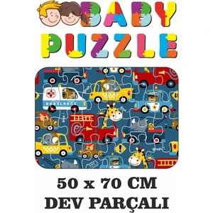 Baby Ahşap Ambulance ve Karışık Arabalar Dev Parçalı Eğlenceli Puzzle 50X70 cm Puzzle