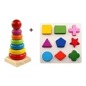 Oyuncak Ahşap Eğitici Zeka Blok Geometri Şekil Bul Tak+Kule 2'li Set