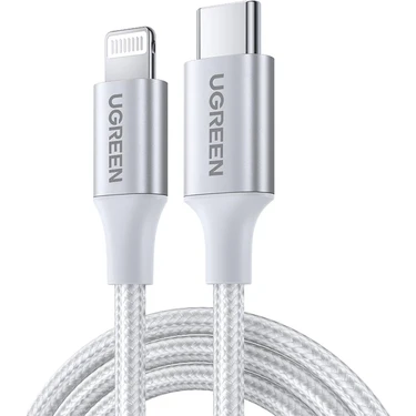 UGREEN Lightning to USB-C 3A PD MFi Sertifikalı Örgülü Hızlı Şarj Kablosu, 1 Metre, Gümüş -