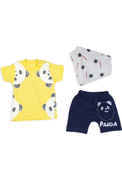 Batty Babby Erkek Bebek Şort + T-Shirt + Fular Üçlü Takım Sarı Pandalı