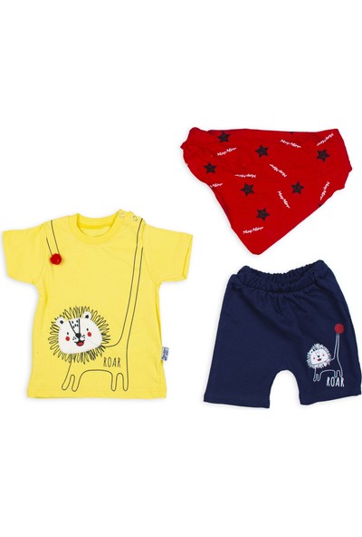 Batty Babby Erkek Bebek Şort + T-Shirt + Fular Üçlü Takım Sarı Aslanlı