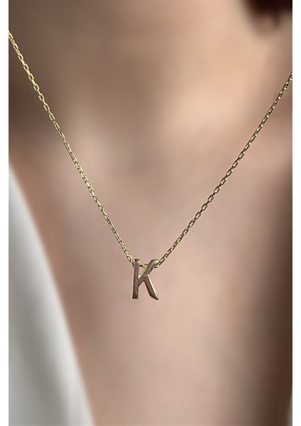 925 Ayar Üç Boyutlu Gold K Harfli Gümüş Kolye Uzunluk 42 cm