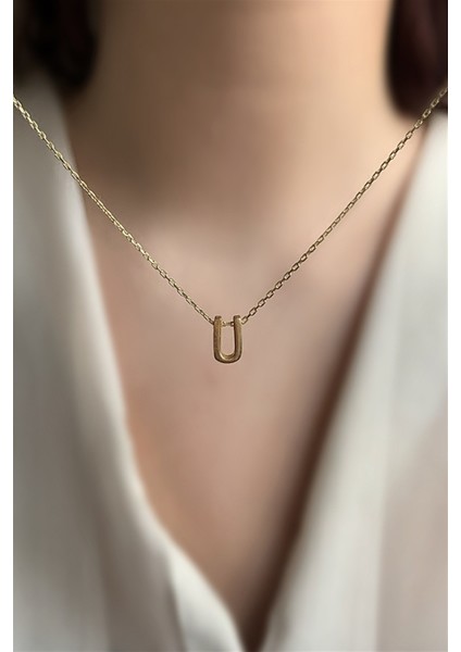 925 Ayar Üç Boyutlu Gold U Harfli Gümüş Kolye Uzunluk 42 cm