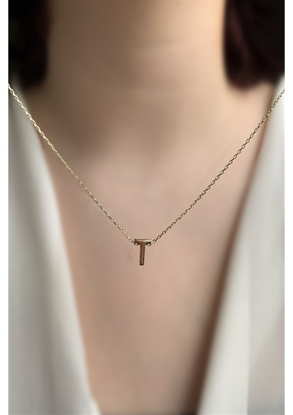 925 Ayar Üç Boyutlu Gold T Harfli Gümüş Kolye Uzunluk 42 cm