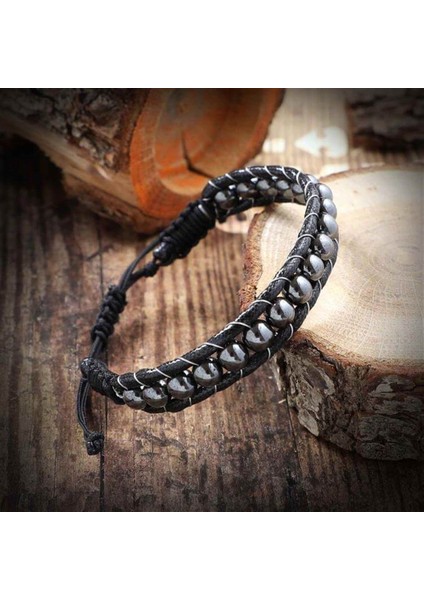 Yuvarlak Hematit Doğaltaş Erkek Kadın Makrome Bileklik