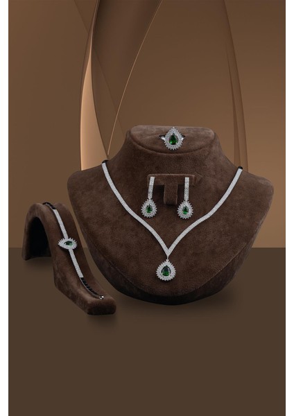 Dionisos Kadın Zümrüt Taşlı Gümüş Su Yolu Set - Kolye, Bileklik, Küpe, Yüzük