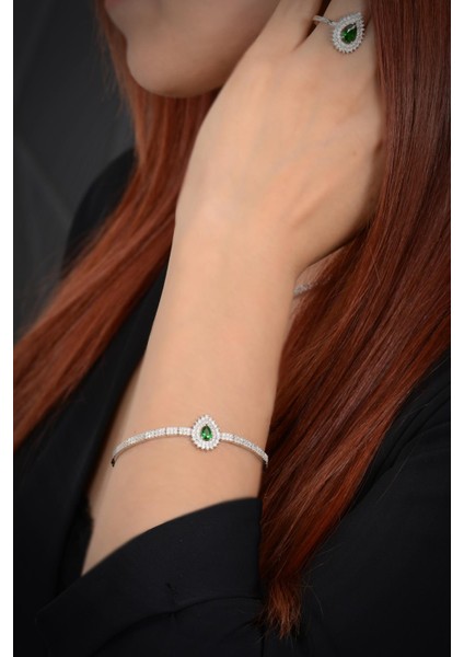 Dionisos Kadın Zümrüt Taşlı Gümüş Su Yolu Set - Kolye, Bileklik, Küpe, Yüzük fırsatları