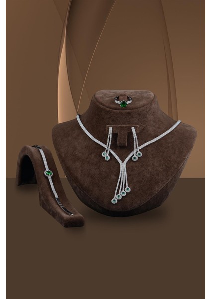 Ikarus Kadın Zümrüt Taşlı Gümüş Su Yolu Set - Kolye, Bileklik, Küpe, Yüzük