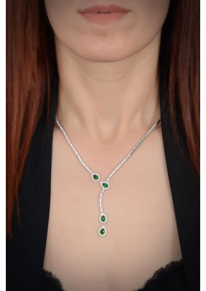 Melodi Kadın Zümrüt Taşlı Gümüş Su Yolu Set - Kolye, Bileklik, Küpe, Yüzük modelleri