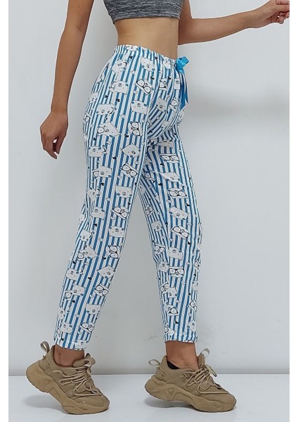 Desenli Içi Pamuklu Pijama Altı Mavi