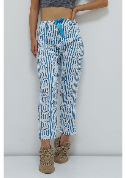 Desenli Içi Pamuklu Pijama Altı Mavi