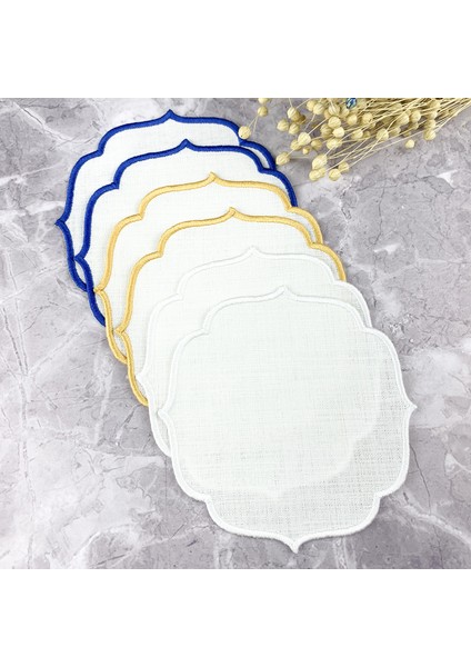 Mavi Gold & Beyaz Nakışlı Keten Efektli 6'lı Kokteyl Peçetesi