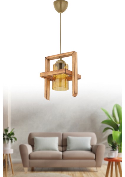 Twoline Ahşap Tekli Sarkıt Avize Natural Gold Duy