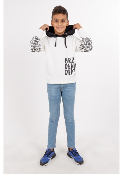 Ekru Renk Baskılı Erkek Çocuk Kapüşonlu Sweatshirt modelleri