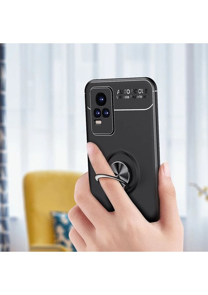 Vivo Y73 2021 Focus Serisi Yüzük Standlı Silikon Kılıf - Siyah indirimleri