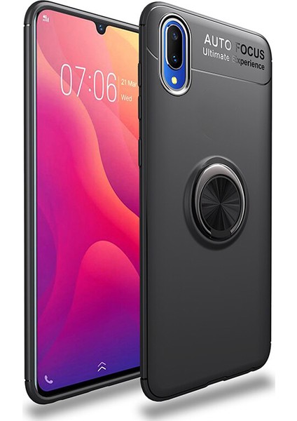Vivo Y90 Focus Serisi Yüzük Standlı Silikon Kılıf - Siyah