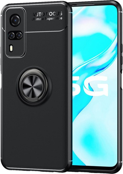 Vivo Y31 2021 Focus Serisi Yüzük Standlı Silikon Kılıf - Siyah