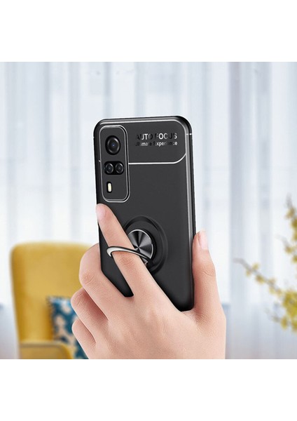 Vivo Y31 2021 Focus Serisi Yüzük Standlı Silikon Kılıf - Siyah indirimleri