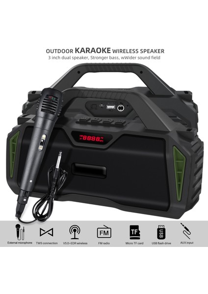 NR-6011M Taşınabilir Açık Karaoke Kablosuz Bluetooth Hoparlör (Yeşil) (Yurt Dışından)