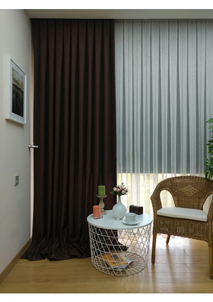 Kahverengi Düz Renk Pileli Keten Fon Perde, Sık Pile, Tek Kanat 50 x 240 cm