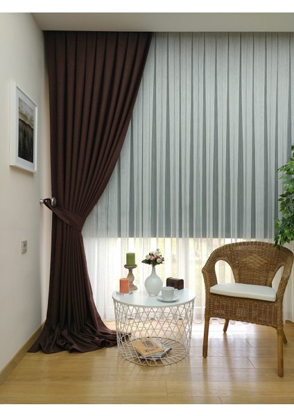 Kahverengi Düz Renk Pileli Keten Fon Perde, Sık Pile, Tek Kanat 50 x 240 cm