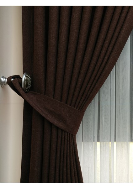 Kahverengi Düz Renk Pileli Keten Fon Perde, Sık Pile, Tek Kanat 50 x 240 cm
