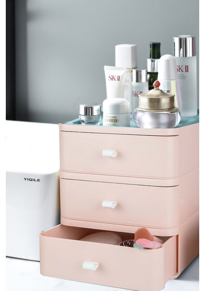 3 Katlı Çekmece Masaüstü Organizer – Makyaj Takı Aksesuar Düzenleyici Saklama Kutusu Pembe