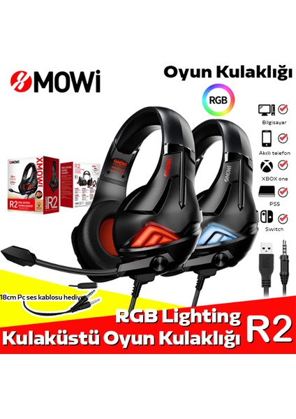 R2 Gaming Mikrofonlu Rgb Oyuncu Kulaklılığı Gurultu Engelleyici Kulaklik AL-34552SIYAH - Kırmızı
