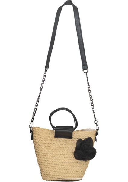 Kadın Hasır Zincir Askılı Tül Gül Detaylı Tuval Omuz Çantası