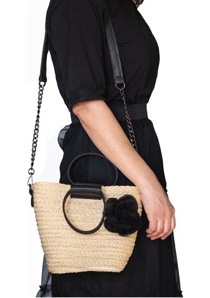 Kadın Hasır Zincir Askılı Tül Gül Detaylı Tuval Omuz Çantası modelleri