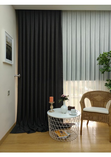 Füme Düz Renk Pileli Keten Fon Perde, Normal Pile, Tek Kanat 50 x 240 cm
