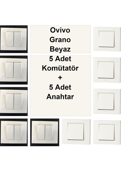 Ovivo Grano Beyaz 5 Adet Komütatör + 5 Adet Anahtar