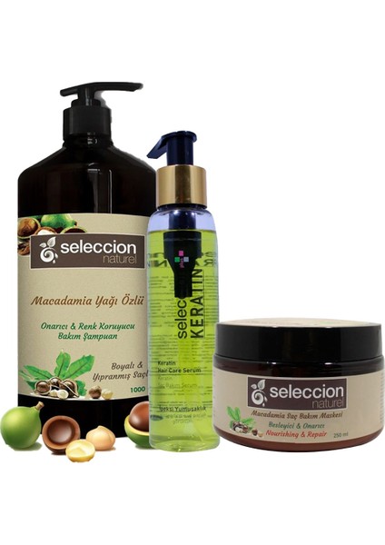 Seleccion Kofre Macadamia Şampuan 1000 Ml+Saç Serumu 125 ml Keratin+Macadamia Saç Maskesi