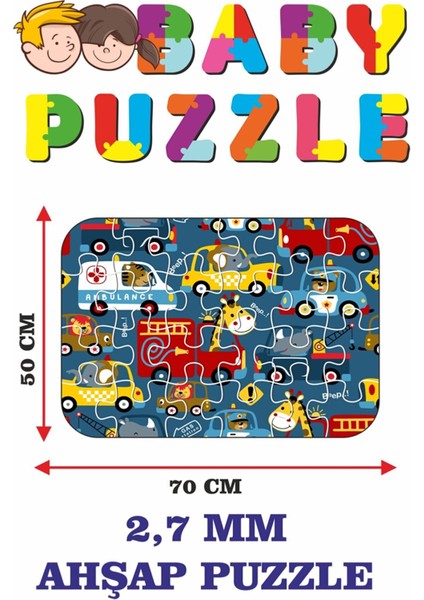 Baby Ahşap Ambulance ve Karışık Arabalar Dev Parçalı Eğlenceli Puzzle 50X70 cm Puzzle