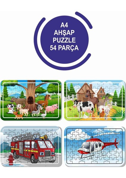 4'lü Set 54 Parça Ahşap Puzzle