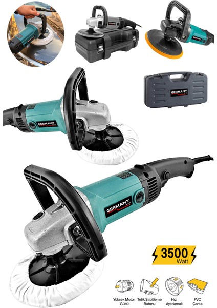 3500 Watt Profesyonel 6 Kademeli Devir Ayarlı Zımpara Pasta Cila Polisaj Makinesi 180 mm
