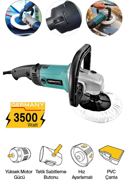 3500 Watt Profesyonel 6 Kademeli Devir Ayarlı Zımpara Pasta Cila Polisaj Makinesi 180 mm